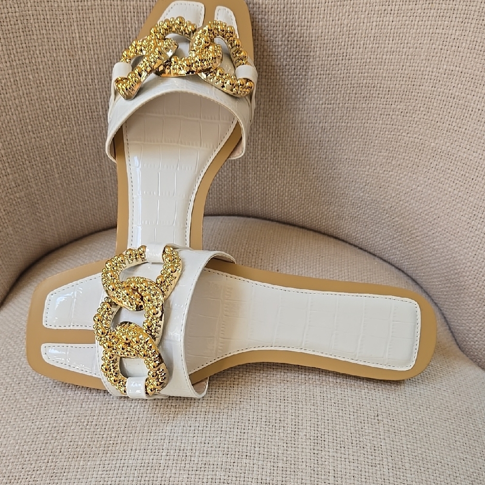 Luxurious White and Gold Sandals with Ornate Embellishments